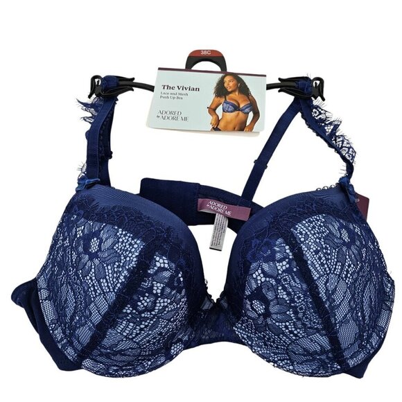 Adore Me Woman’s Blue Vivian Lace Mesh Push Up Underwire Bra – Size 38C NWT - Picture 6 of 15